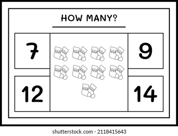 How many christmas sock, game for children. Vector illustration, printable worksheet