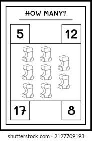 How many christmas sock, game for children. Vector illustration, printable worksheet