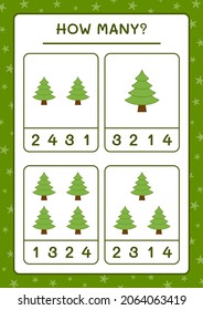 Wie viele Weihnachtsbaum, Spiel für Kinder. Vektorgrafik, druckbares Arbeitsblatt