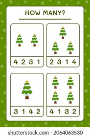 How many christmas tree, game for children. Vector illustration, printable worksheet
