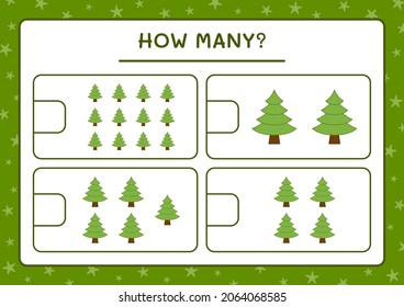 Cuántos árboles de navidad, juegos para niños. Ilustración del vector, hoja de cálculo imprimible