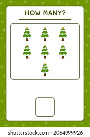 How many christmas tree, game for children. Vector illustration, printable worksheet