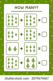 Cuántos árboles de navidad, juegos para niños. Ilustración del vector, hoja de cálculo imprimible