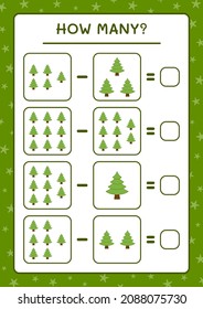 Wie viele Weihnachtsbaum, Spiel für Kinder. Vektorgrafik, druckbares Arbeitsblatt