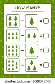 How many christmas tree, game for children. Vector illustration, printable worksheet