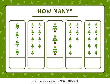 Cuántos árboles de navidad, juegos para niños. Ilustración del vector, hoja de cálculo imprimible