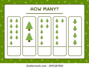 Cuántos árboles de navidad, juegos para niños. Ilustración del vector, hoja de cálculo imprimible
