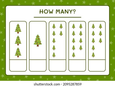 Cuántos árboles de navidad, juegos para niños. Ilustración del vector, hoja de cálculo imprimible