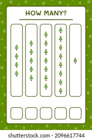 Wie viele Weihnachtsbaum, Spiel für Kinder. Vektorgrafik, druckbares Arbeitsblatt