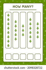 How many christmas tree, game for children. Vector illustration, printable worksheet