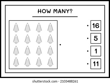How many christmas tree, game for children. Vector illustration, printable worksheet