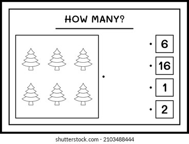 How many christmas tree, game for children. Vector illustration, printable worksheet