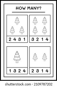 Wie viele Weihnachtsbaum, Spiel für Kinder. Vektorgrafik, druckbares Arbeitsblatt