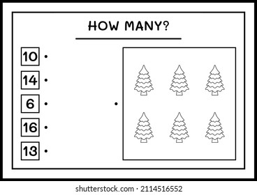 How many christmas tree, game for children. Vector illustration, printable worksheet