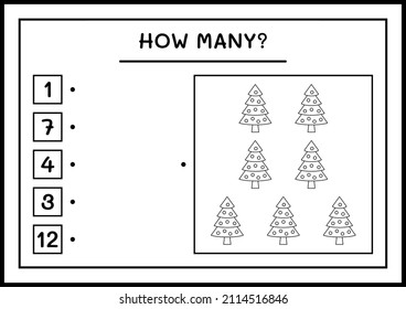 How many christmas tree, game for children. Vector illustration, printable worksheet