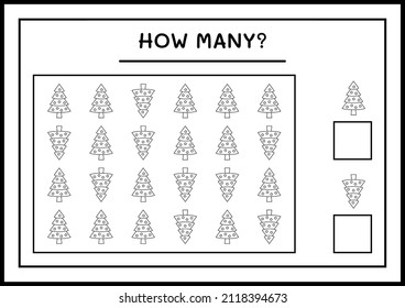 How many christmas tree, game for children. Vector illustration, printable worksheet