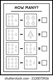 How many christmas tree, game for children. Vector illustration, printable worksheet