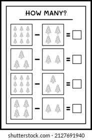 How many christmas tree, game for children. Vector illustration, printable worksheet