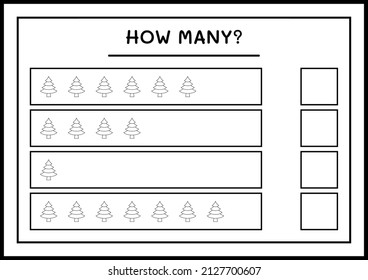 How many christmas tree, game for children. Vector illustration, printable worksheet