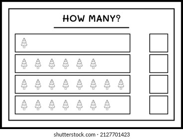 How many christmas tree, game for children. Vector illustration, printable worksheet