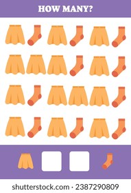 ¿Cuántas telas hay? Juego educativo de matemáticas para niños. Diseño de hoja de cálculo imprimible para estudiantes de preescolar, preescolar o elemental. Aprender matemático. Ejercicio de recuento.