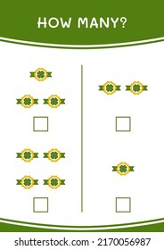 How many of Clover badge, game for children. Vector illustration, printable worksheet