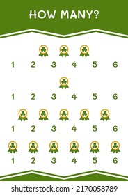 How many of Clover badge, game for children. Vector illustration, printable worksheet