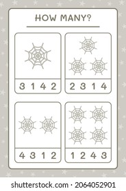 How many Cobweb, game for children. Vector illustration, printable worksheet