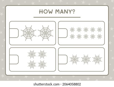 How many Cobweb, game for children. Vector illustration, printable worksheet