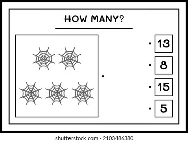 How Many Cobweb, Game For Children. Vector Illustration, Printable Worksheet