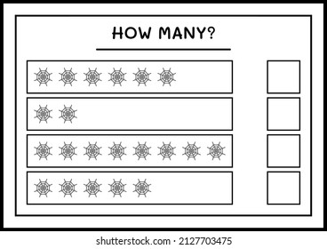 How many Cobweb, game for children. Vector illustration, printable worksheet