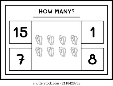 How many Coffin, game for children. Vector illustration, printable worksheet