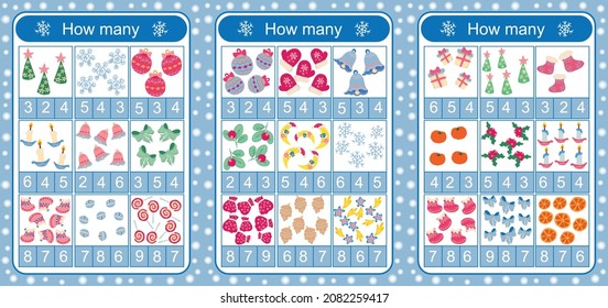 How many! Collection of children's Christmas vector templates for activities, kindergarten. Christmas trees, boots, sweets, toys and gifts
