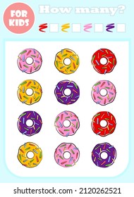 How many colour vector educational game for children. Counting mathematical book template, preschool learning concept. Cartoon hand drawn illustration, cute activity for kids. Sweet donut food set.