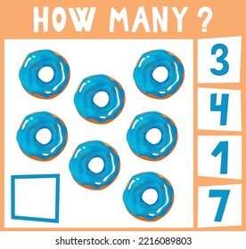 How many colour vector educational game for children. Counting mathematical book template, preschool learning concept. Cartoon hand drawn illustration, cute activity for kids. Sweet donut food set. 7.