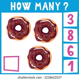 How many colour vector educational game for children. Counting mathematical book template, preschool learning concept. Cartoon hand drawn illustration, cute activity for kids. Sweet donut food set. 3.