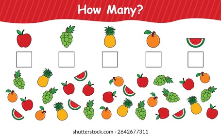 How many. count all fruits and write the number into box. math game for kids. counting game with cute colorful fruits. vector illustration