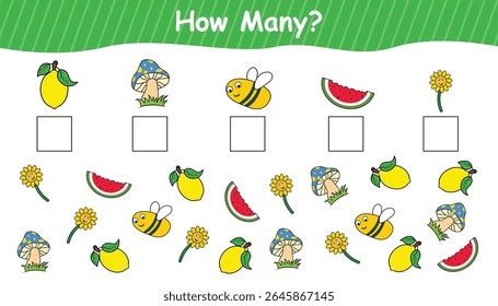 Quantos. contar todos os objetos e escrever o número na caixa. jogo de matemática para crianças. contagem de jogo com objetos bonitos. ilustração vetorial