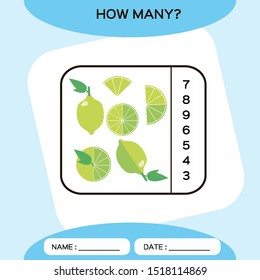 How Many. Count game. Education Counting Game for Preschool Children. Worksheet activity. Lime Fruit. Blue background.