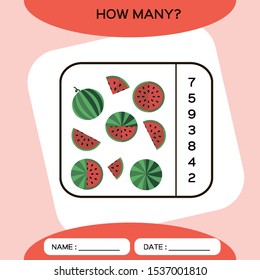How Many. Count game. Education Counting Game for Preschool Children. Worksheet activity. Watermelon Fruit. Red background.