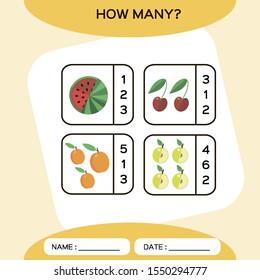 How Many. Count game. Education Counting Game for Preschool Children. Worksheet activity. Fruits. Watermelon. Cherry. Peach. Pear Food.