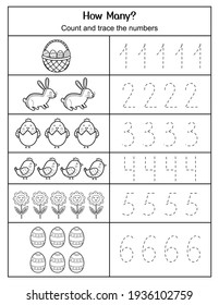 How Many - count and trace the numbers Easter worksheet. Activity page with eggs, bunny and chicks. Math for preschool kids. Handwriting practice. Vector illustration