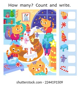 How many. Count and write. Puzzle game for children. Cute kittens making Christmas cake with mice. Cartoon cat characters in uniform. Colour vector illustration.