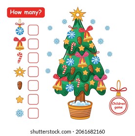 How many counting education game for preschool children. Search and count number of holiday Christmas tree decoration toys, bells, glass balls, fir cones. Math logical training, kids exercise. Vector