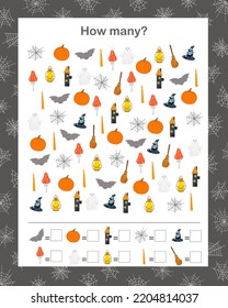Wie viele Zähler für Kinder Halloween topische Vokabular-Vektorgrafik, pädagogisches Rätsel, druckbares Arbeitsblatt für Freizeit- oder Studienspiel, Lehrerressourcen