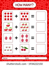 How many counting game apple, cherry, dragonfruit. worksheet for preschool kids, kids activity sheet, printable worksheet