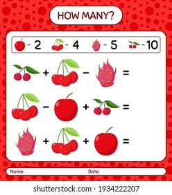 How many counting game apple, cherry, dragonfruit, indian prune. worksheet for preschool kids, kids activity sheet, printable worksheet
