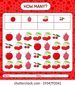 How many counting game apple, cherry, dragonfruit, indian prune. worksheet for preschool kids, kids activity sheet, printable worksheet