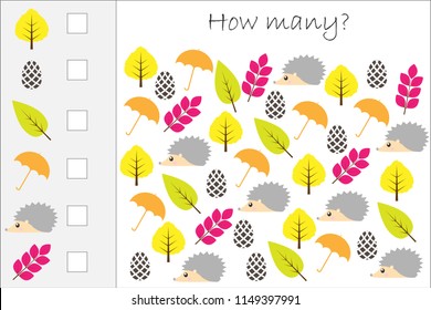 How many counting game with autumn pictures for kids, educational maths task for the development of logical thinking, preschool worksheet activity, count and write the result, vector illustration