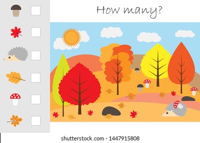 How many counting game, autumn forest for kids, educational maths task for the development of logical thinking, preschool worksheet activity, count and write the result, vector illustration